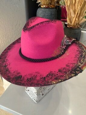 One of a kind Fuchsia Felt Cowboy Hat with Black Trim gold flake leather feather